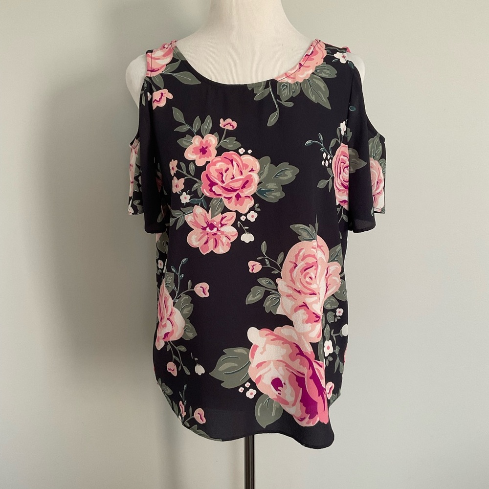 C&E Women Navy Floral Paisley Print Summer Cold Shoulder Tunic Top Blouse